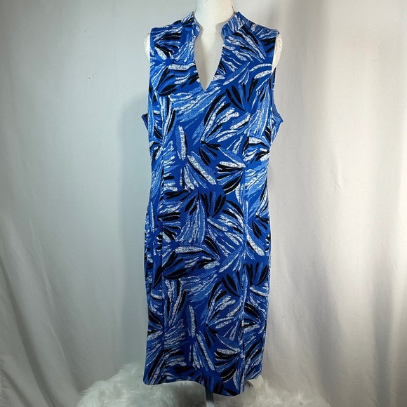 Cappagallo Dresses & Skirts - Cappagallo Blue White Abstract Leaf Print Sleeveless V-Neck Midi Dress Size 14‎